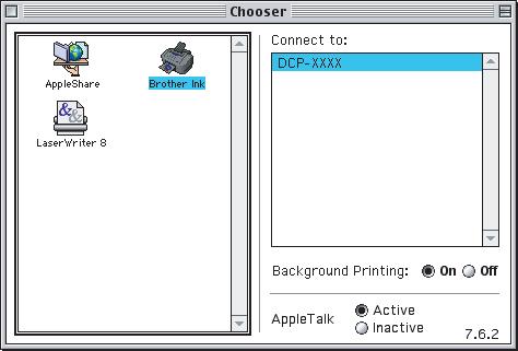 STEP2 12 From the Apple menu, click Chooser. 13 Click the Brother Ink icon. On the right side of the Chooser, choose the machine to which you want to print. Close the Chooser.