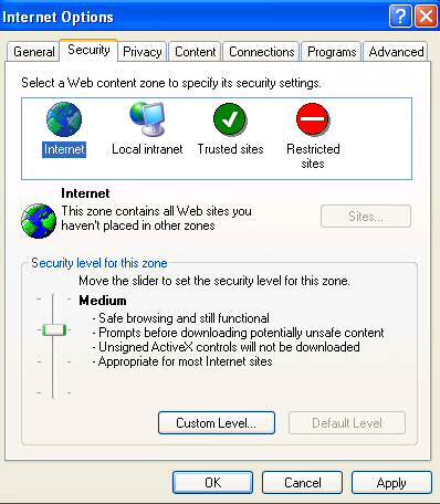 Click Internet Option. (2) Click Security at Internet Option.
