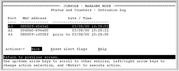 Port Status The Intrusion Alert column shows Yes for any port on which a security violation has been detected. Figure 63. Example of Port Status Screen with Intrusion Alert on Port A3 2.