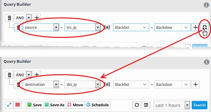 For example, if you are specifying a live list containing values of source IPs for the source IP field, but want to change them to destination IPs, you can click the switch button.
