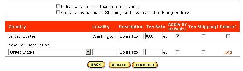 4. In the Change Store screen click Tax Options. The following screen is displayed: 5. Fill out the desired options and fields in this screen.