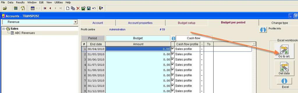 1. Creating a Link to Excel Select a Profit & Loss revenue, expense or Driver account Click the Budget per Period tab and Click the GO To A/C Excel link button.