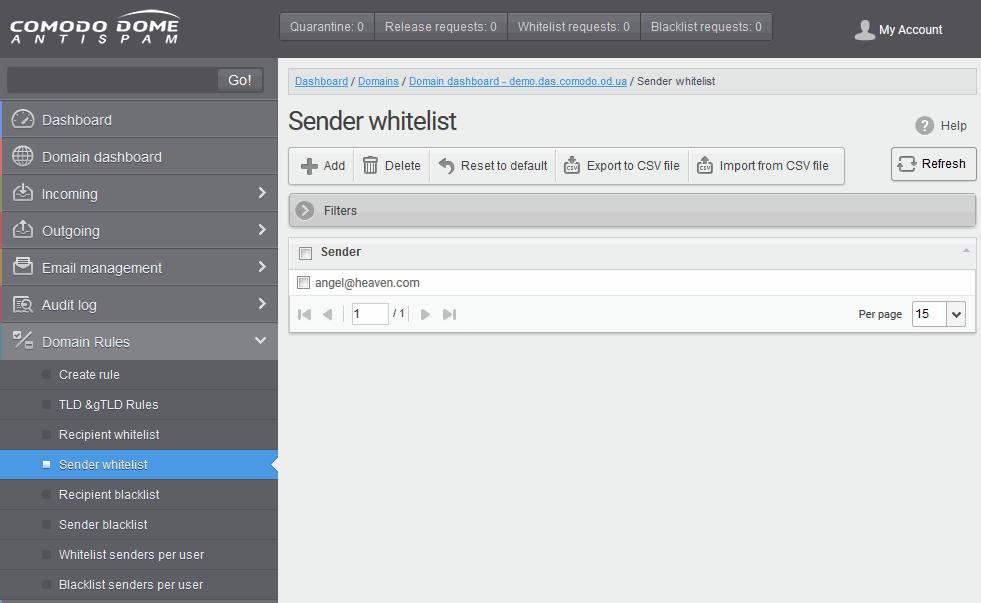 The 'Sender whitelist' interface of the selected domain will be displayed: Add Users to Sender Whitelist You can add recipients to a white list in two ways: Manually add senders Import senders from a
