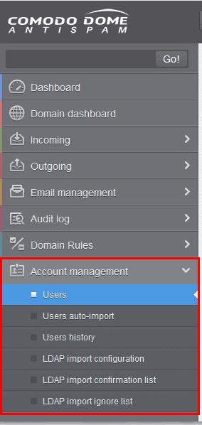3.2.1.1.5.7 Account Management The 'Account Management' interface allows you to manage users for a selected domain.