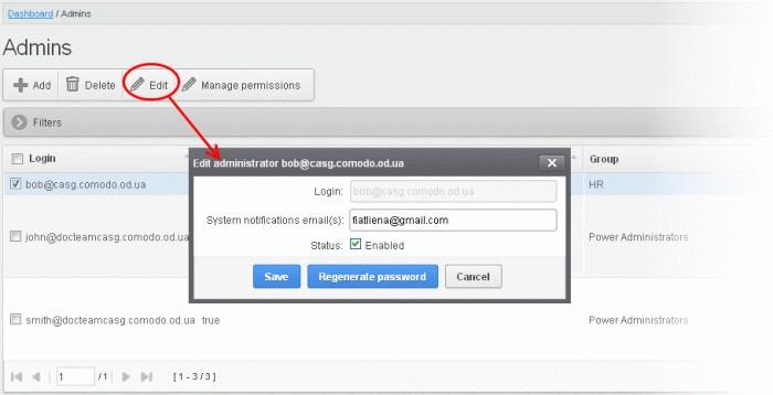 The 'Edit administrator' dialog box will be displayed. System notifications email(s) - Enter the email addresses at which the new administrator should receive CDAS notification emails.
