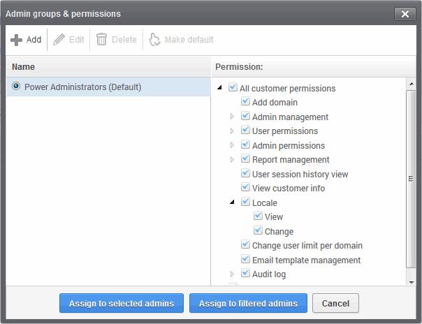 Click 'Assign to filtered admins' button to set permissions for administrators found by filter.