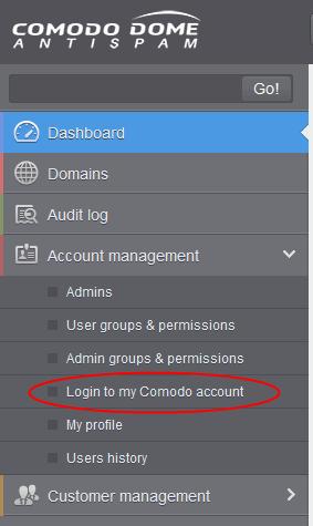 3.2.3.4 My Comodo Account This feature will be available in the 'Account management' if you have logged in to CDAS using CAM account credentials.