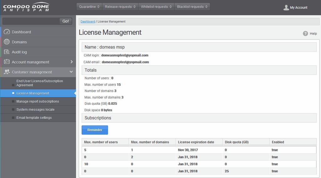 The 'License Management' panel displays details of subscription(s) for your account.