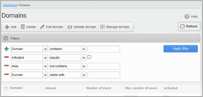 Activated: Will execute a search of activated/not activated domains. Use the conditions in column 2 and the checkbox to determine whether you want to search for activated or not activated domains.