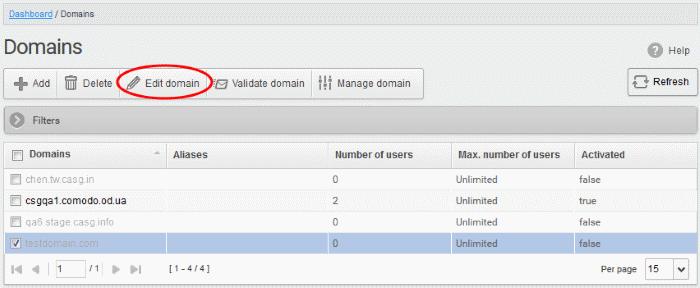 Click the 'Edit domain' button You can edit the destination route, timezone and max. users for the domain. You cannot change the domain name. Destination route - The final mail server address.