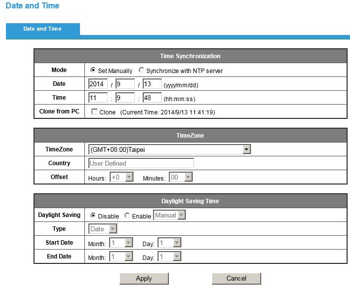 Date and Time Time Zone Select the local time zone from drop-down menu. Manual Manually enter the date and time.