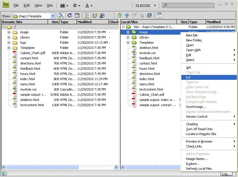 Upload Files to a Web Server (pg 267) Upload a Folder 1 2 Dreamweaver