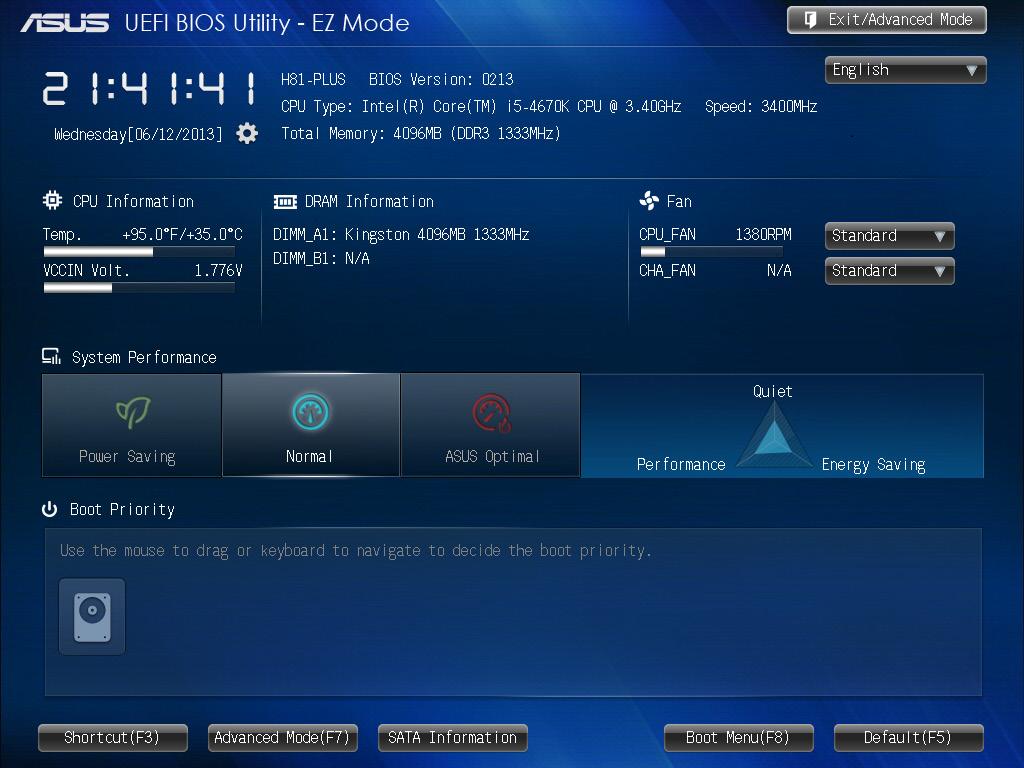 EZ Mode By default, the EZ Mode screen appears when you enter the BIOS setup program.