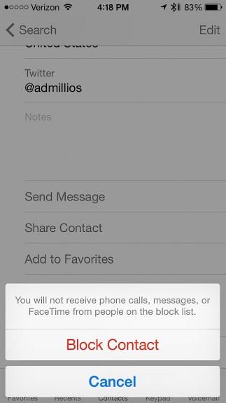Block calls, texts and FaceTime on ios 7. To do this, go to Contacts, open up the contact who keeps pestering you, scroll to the bottom and tap Block this Caller.