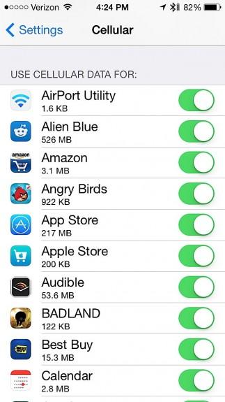 Check the data used by each app in ios 7. To use this, go to Settings -> Cellular -> Scroll down until you see apps. Tap on the toggle to the right to turn off data access.
