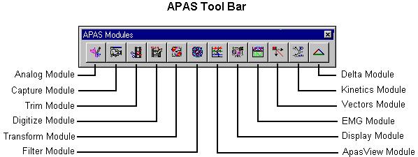 THE APAS TOOL BAR You can activate any of the APAS software modules from within the current program by selecting the icons located on the APAS tool bar.