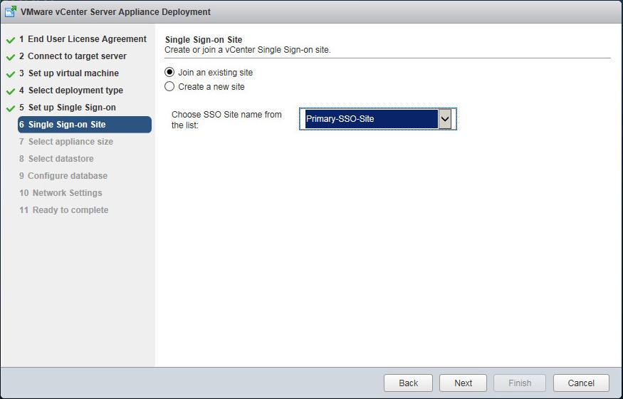 Figure 20: Specifying Single Sign-On site for vcenter server installation at the recovery site After the vcenter instances are set up at the protected and recovery sites, configure the ESXi servers