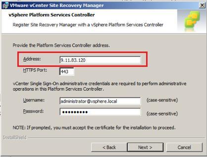 Figure 23: Site Recovery Manager installation at the recovery site 2. Select the vcenter server at the recovery site from the drop-down list.