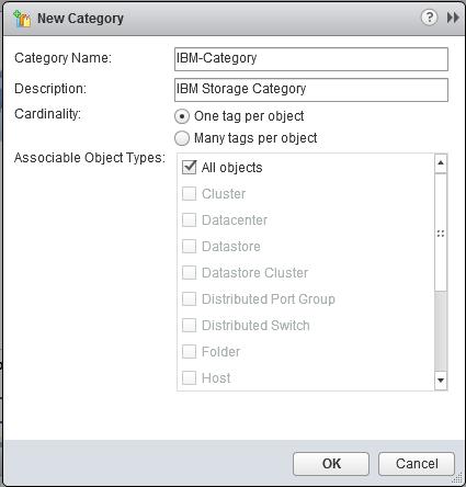 Figure 26: Creating a new IBM storage category Create an IBM storage tag A tag is a label which can be applied to the objects in vsphere inventories.