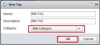 In order to create an IBM storage tag, click Tags and then click New tag. In the New Tag dialog box, enter a name and a description for the tag.