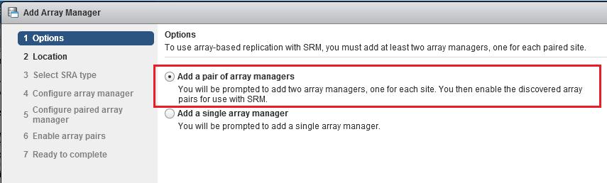 Select a pair of sites displayed in the wizard for the array manager and click Next. 4. Select IBM Storwize Family SRA displayed in the wizard for both the array managers and click Next. 5.