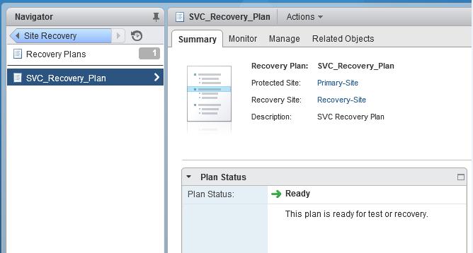 Figure 57: Recovery plan successfully created Testing a recovery plan After a recovery plan is created, it must be tested to ensure that the virtual machines protected in a protection group are