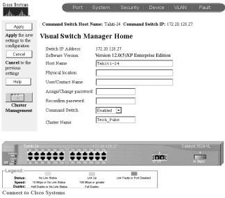 Using the Switch Home Page Figure 3-4 CVSM Home Page Port System Security Device VLAN Fault Shows the command switch defined in Cluster Builder. Provides procedures and detailed field descriptions.