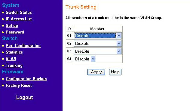 Switch> Trunking Page Port Trunking is a feature that allows multiple links between switches to work as one virtual link (aggregate link). Trunks can be defined for similar port types only.