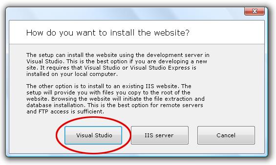 webnodes.com/download 3. Click the Create button to install a new site. 4. Choose the Visual Studio project installation: 5.