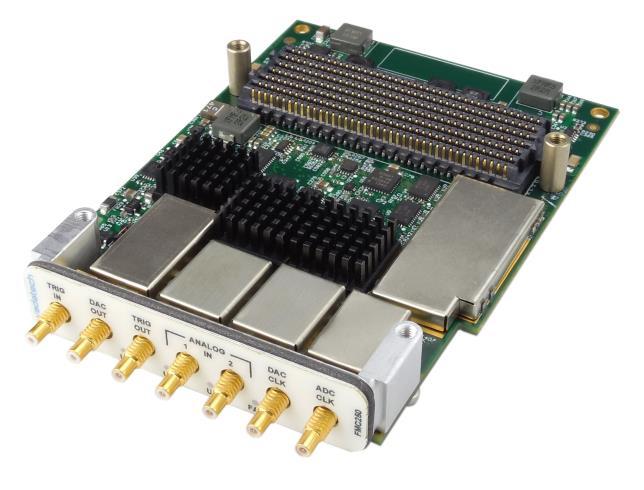 The is an FPGA Mezzanine Card (FMC+) per VITA 57.4 specification. The board has dual ADC and single DAC. The utilizes dual AD9625 ADCs providing 12-bit conversion rates of up to 2.