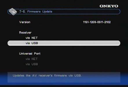 Updating the Firmware via USB TX-NR3007/5007 allow you to update firmware using a USB storage device. * In this procedure, on-screen display may vary depending on the model. Note: 1.