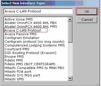From the Select New Interface Type screen, select Avaya C-LAN Protocol and click on OK.