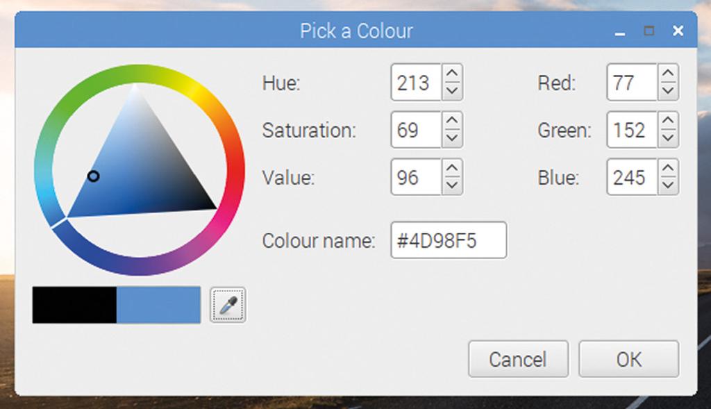 5The colour picker dialog launched by a GtkColorButton When you click OK, the selected red, green, and blue values will be printed to the terminal.