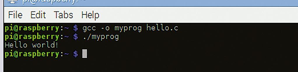 This calls the gcc C compiler with the option -o myprog, which tells it to create an executable output file called myprog, and to use hello.c as the input source code.