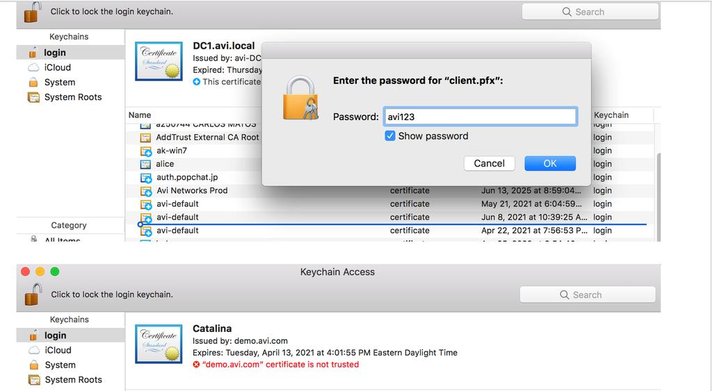 Exporting PFX Client Key to the Keychain of Your Local Workstation Copy the client.pfx to your workstation (in this example, a MAC workstation is used), and open it in the keychain.