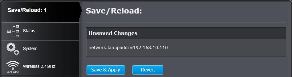 7 Click Save & Apply. 8 will apply IP address change and then reboot. Login, using the new IP address and/or new password.
