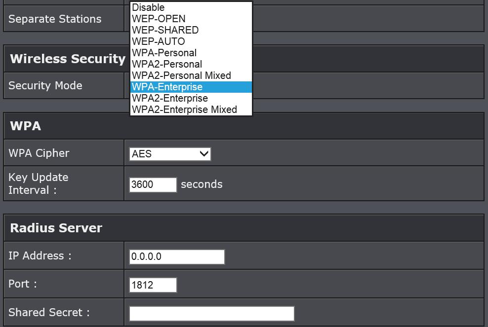 If the security type is set to WPA-Enterprise, review the WPA-Enterprise settings to configure and click Apply to save the changes.