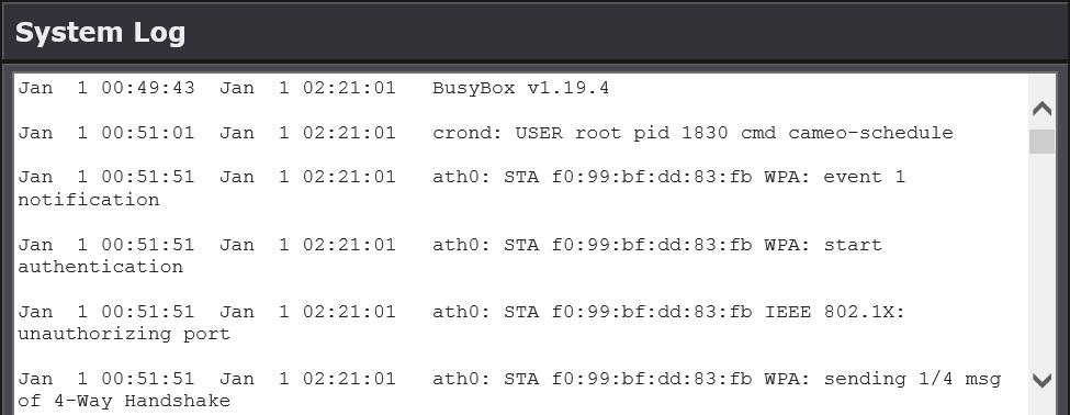 System Log Status > System Log To view a running log of the access point s system statistics, events and activities, do the following: 2 Click Status > System Log.