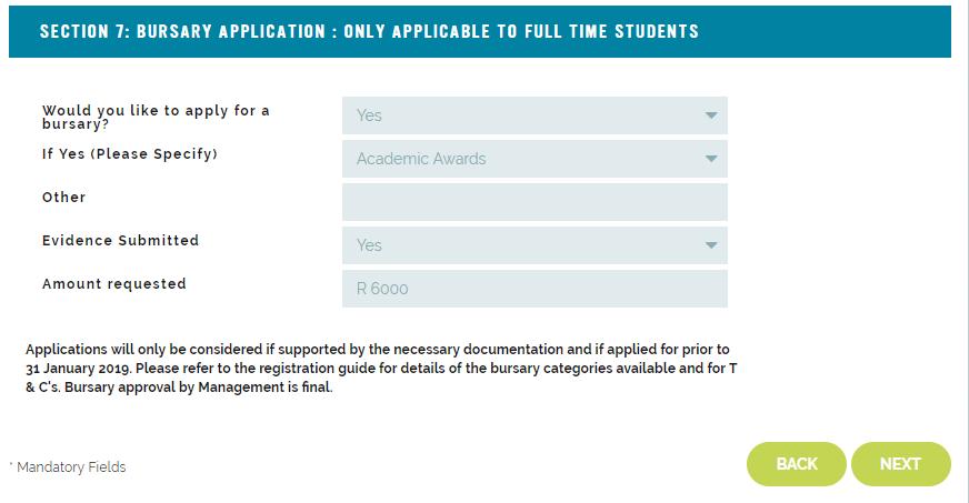 details The BURSARY APPLICATION Page Section 7 You are required