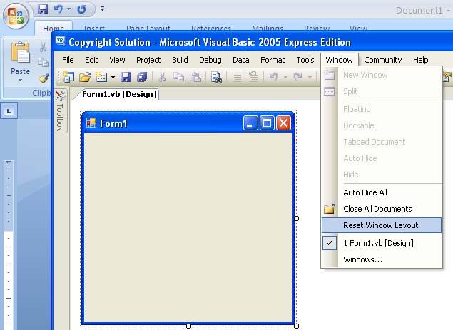 Choosing the Reset Window Layout option from the