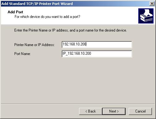 6. In the Add Standard TCP/IP Printer Port Wizard box as shown in the