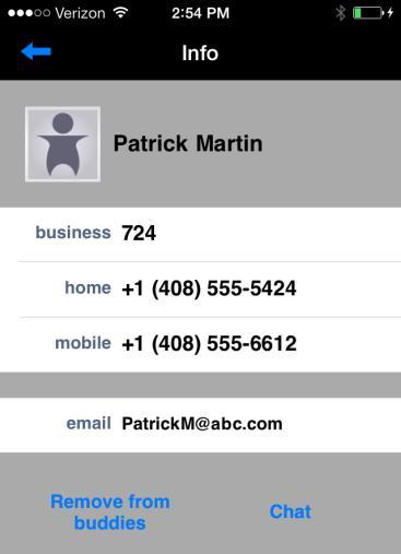 Tap on the More Info icon to view detailed information for this contact. Tap and hold a buddy s name to Chat, Call or Send Voice Mail to this person.