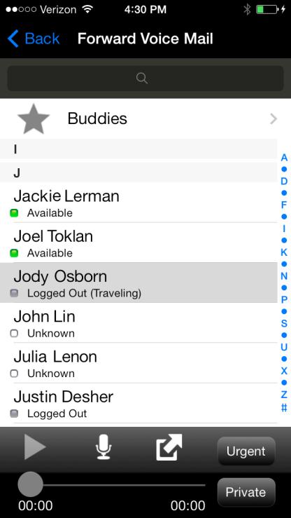 You will see the list of users in the MX Address book. To see your buddy list, tap on Buddies at the top of the screen. You can toggle the view by tapping this button.