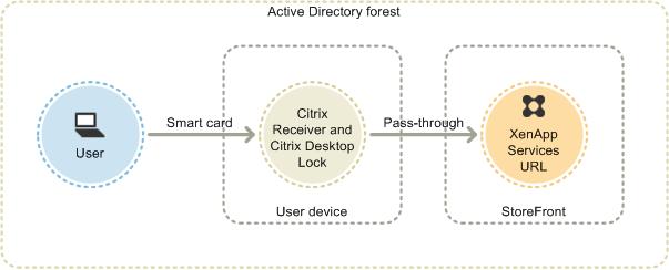 Use smart cards with StoreFront The figure shows smart card authentication from a domain-joined device running the Citrix Desktop Lock. Users log on to their devices using their smart cards and PINs.
