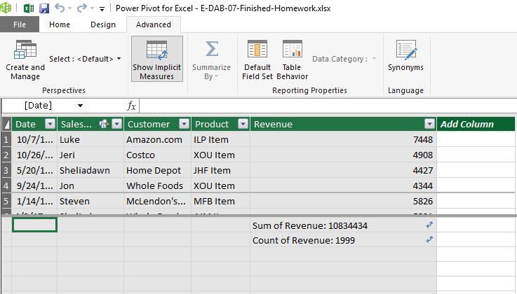 6. Implicit vs. Explicit DAX Measures : 1) To show Implicit Measures: i. In Excel, go to the Power Pivot Ribbon Tab, then in the Data Model group, click Manage button.