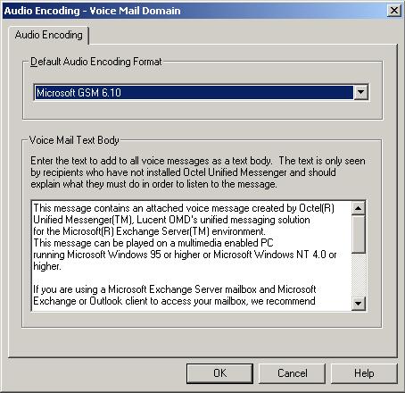 Unified Messenger 4.02 Installation Guide Figure 13-8. Audio Encoding dialog box 4. Under Default Audio Encoding Format, select GSM. 5.