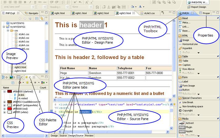 PHP/HTML WYSIWYG Figure 42 - PHP/HTML WYSIWYG Perspective The PHP/HTML WYSIWYG Editor supports JavaScript and CSS.