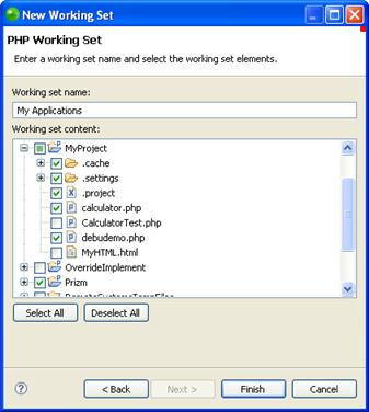 Zend Studio for Eclipse User Guide Figure 61 - New PHP Working Set dialog 6. Click Finish.