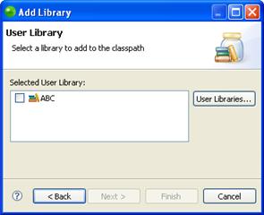To add a User Library to the Build Path: 1. Click 'Add a Runtime Library...'. The Add Library dialog will appear. 2.