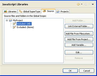 Developing with JavaScript Source Tab The Source tab allows you to include/exclude specific files, folders and variables from the Build Path.